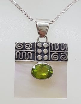 Sterling Silver Ornate Top Square Mother of Pearl with Oval Peridot Pendant on Silver Chain