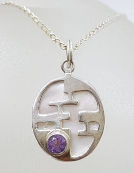 Sterling Silver Oval Mother of Pearl with Round Amethyst Pendant on Silver Chain