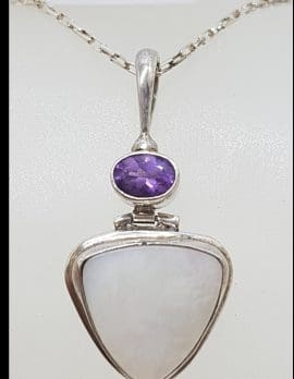 Sterling Silver Triangular Mother of Pearl with Oval Amethyst Pendant on Silver Chain