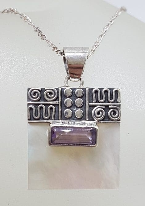 Sterling Silver Ornate Top Square Mother of Pearl with Rectangular Amethyst Pendant on Silver Chain