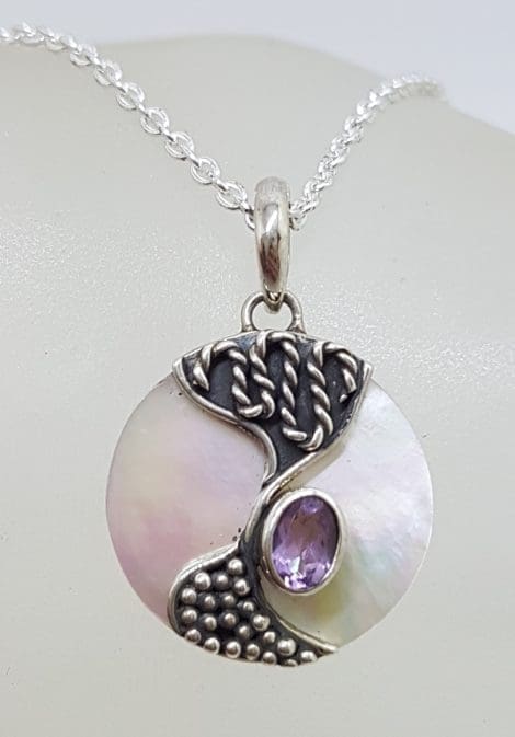 Sterling Silver Round Patterned Mother of Pearl with Oval Amethyst Pendant on Silver Chain