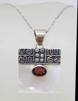 Sterling Silver Ornate Top Square Mother of Pearl with Oval Garnet Pendant on Silver Chain