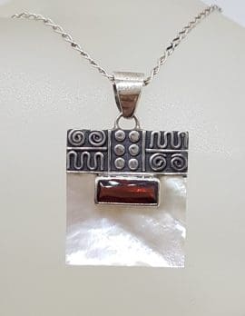 Sterling Silver Ornate Top Square Mother of Pearl with Rectangular Garnet Pendant on Silver Chain