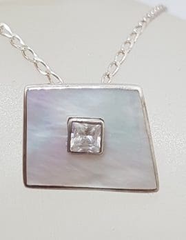 Sterling Silver Mother of Pearl with Cubic Zirconia Unusual Shape Pendant on Silver Chain