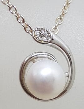 Sterling Silver Pearl with Cubic Zirconia Swirl Pendant on Silver Chain