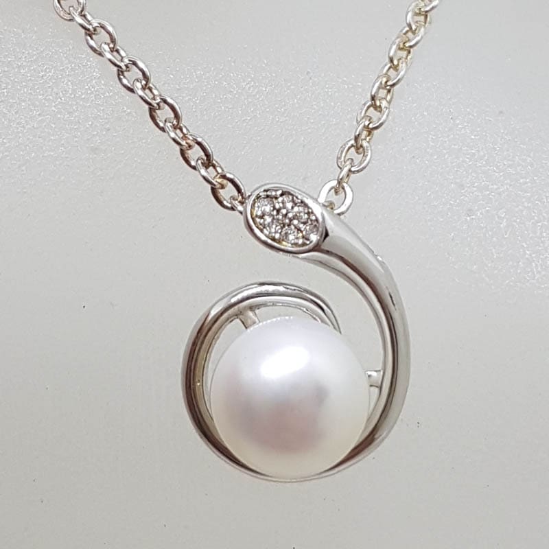 Sterling Silver Pearl with Cubic Zirconia Swirl Pendant on Silver Chain