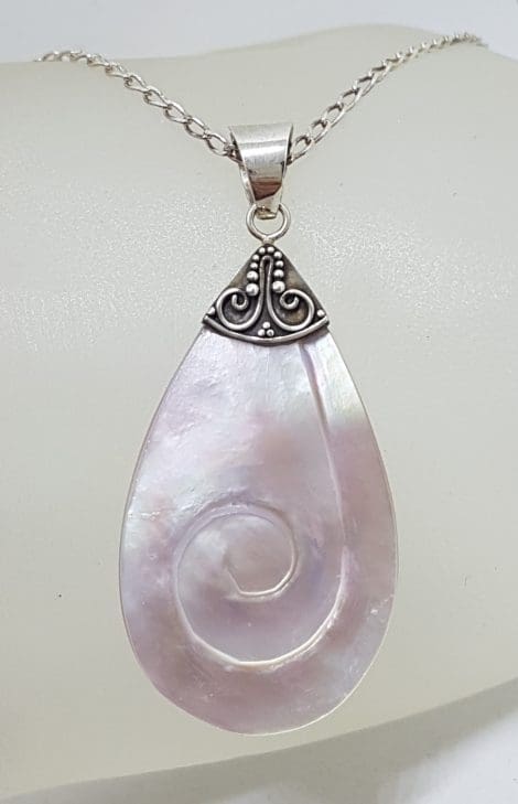 Sterling Silver Mother of Pearl Teardrop / Pear Shape with Swirl Pendant on Silver Chain