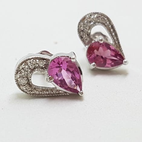 9ct White Gold Pink Tourmaline and Diamond Heart Stud Earrings