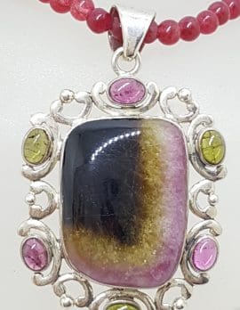 Sterling Silver Large Ornate Multi-Colour Tourmaline Pendant on Gemstone Bead Chain - Pink, Green and Watermelon Tourmaline