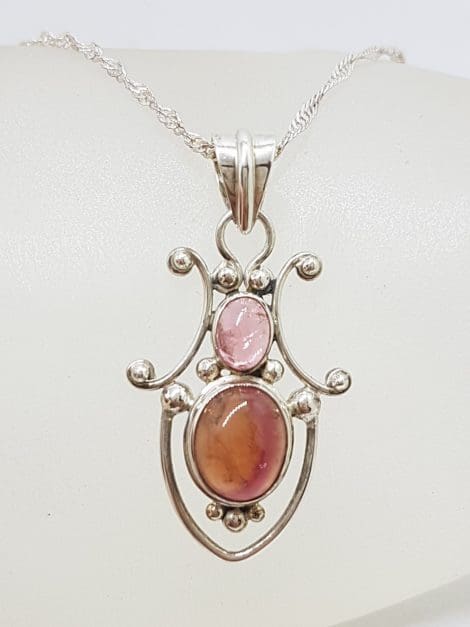 Sterling Silver Pink Tourmaline Ornate Pendant on Silver Chain