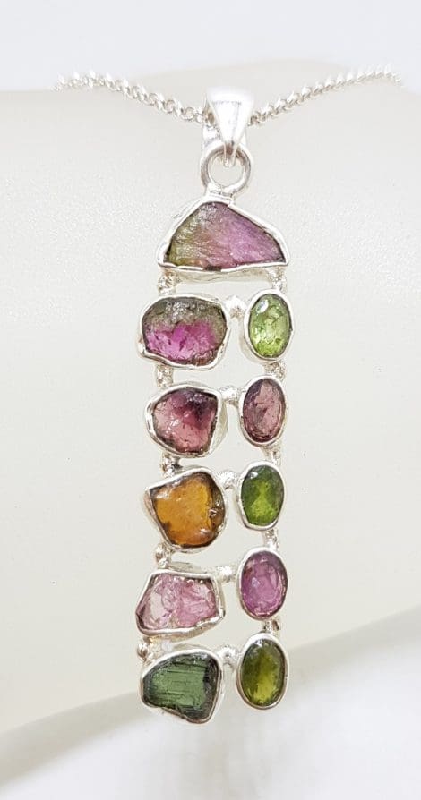 Sterling Silver Long Multi-Colour Pink, Green and Watermelon Tourmaline Pendant on Silver Chain