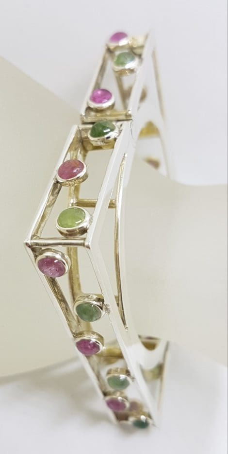 Sterling Silver Large Square Unusual Pink & Green Tourmaline Bangle - Hinged