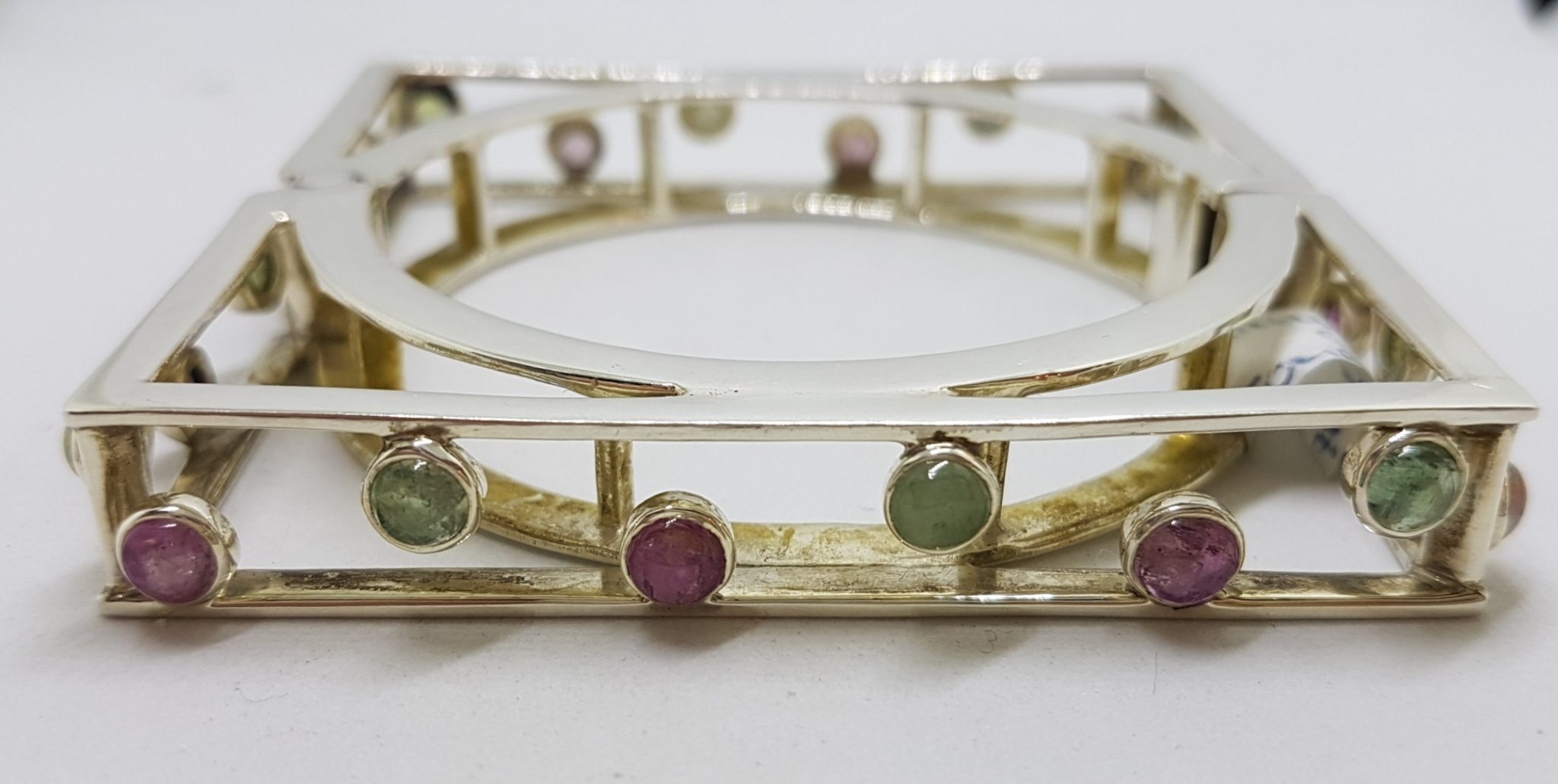 20201029_113903 Sterling Silver Large Square Unusual Pink & Green Tourmaline Bangle - Hinged