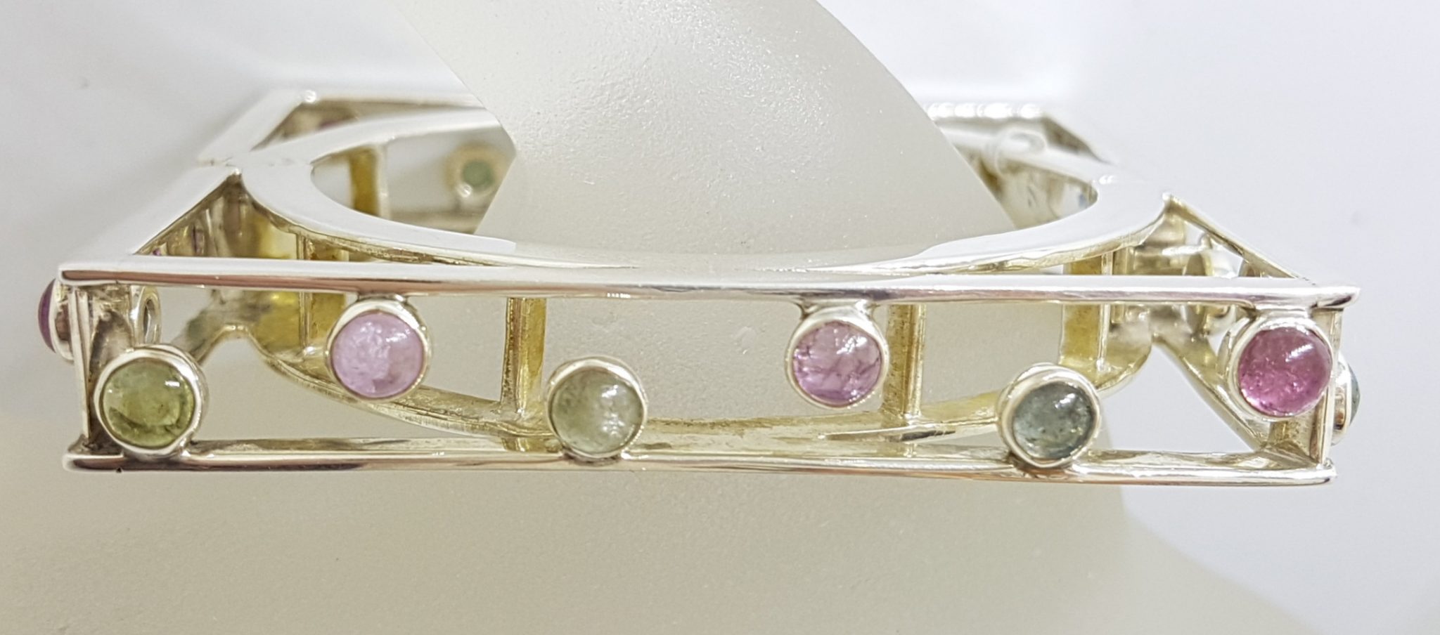 20201029_114124 Sterling Silver Large Square Unusual Pink & Green Tourmaline Bangle - Hinged