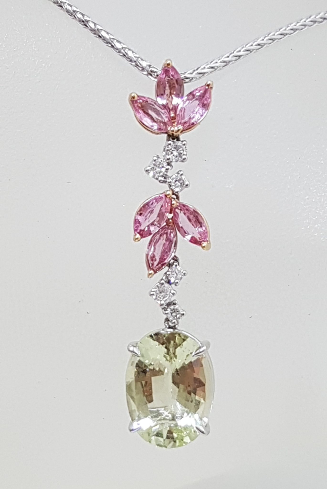 18ct White Gold Ornate Diamond, Pink Sapphire and Lemon Quartz Long Drop Pendant on Gold Chain