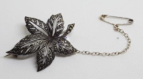 Sterling Silver Marcasite Ornate Leaf Brooch - Vintage / Antique