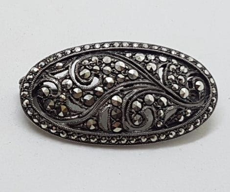 Sterling Silver Marcasite Beautiful Ornate Oval Brooch - Vintage / Antique