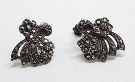 Sterling Silver Vintage Marcasite Floral with Bow Design Screw-On Earrings
