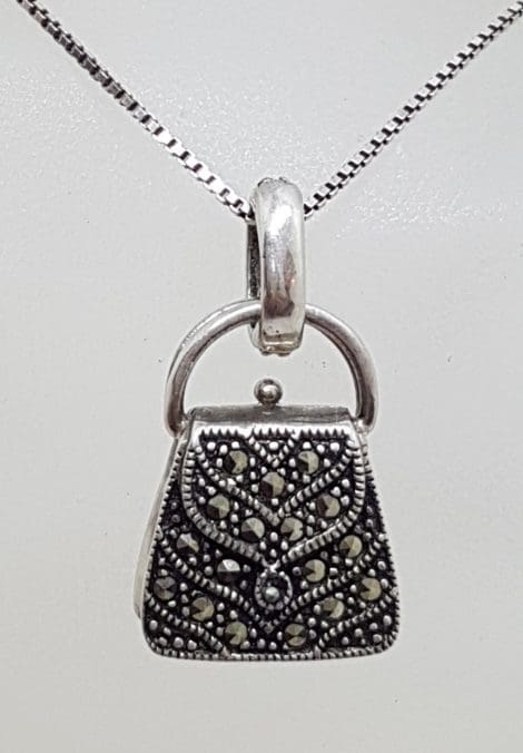 Sterling Silver Vintage Marcasite Handbag / Bag Pendant on Chain