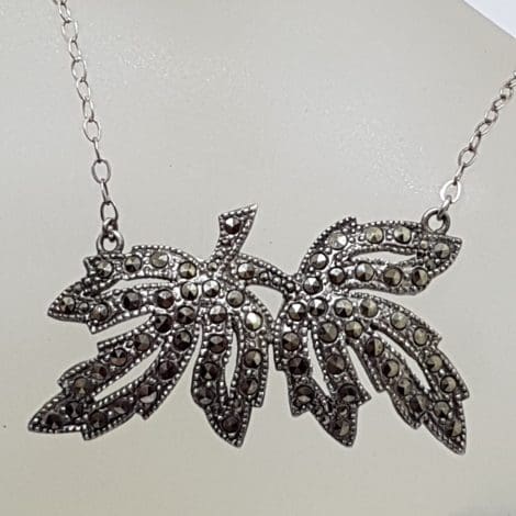 Sterling Silver Vintage Marcasite Leaf Design Necklace / Chain