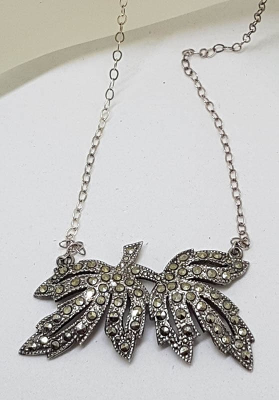 Sterling Silver Vintage Marcasite Leaf Design Necklace / Chain