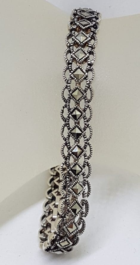 Sterling Silver Vintage Marcasite Bracelet - Ornate Filigree Design