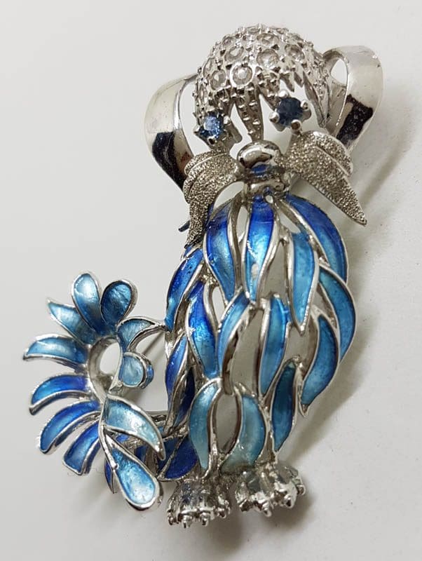 Sterling Silver Ornate Blue Enamel Dog Brooch - Vintage