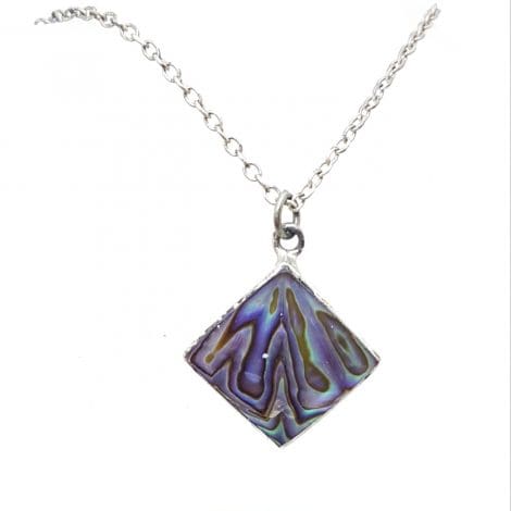 Sterling Silver Square Paua Shell Pendant on Silver Chain - Vintage