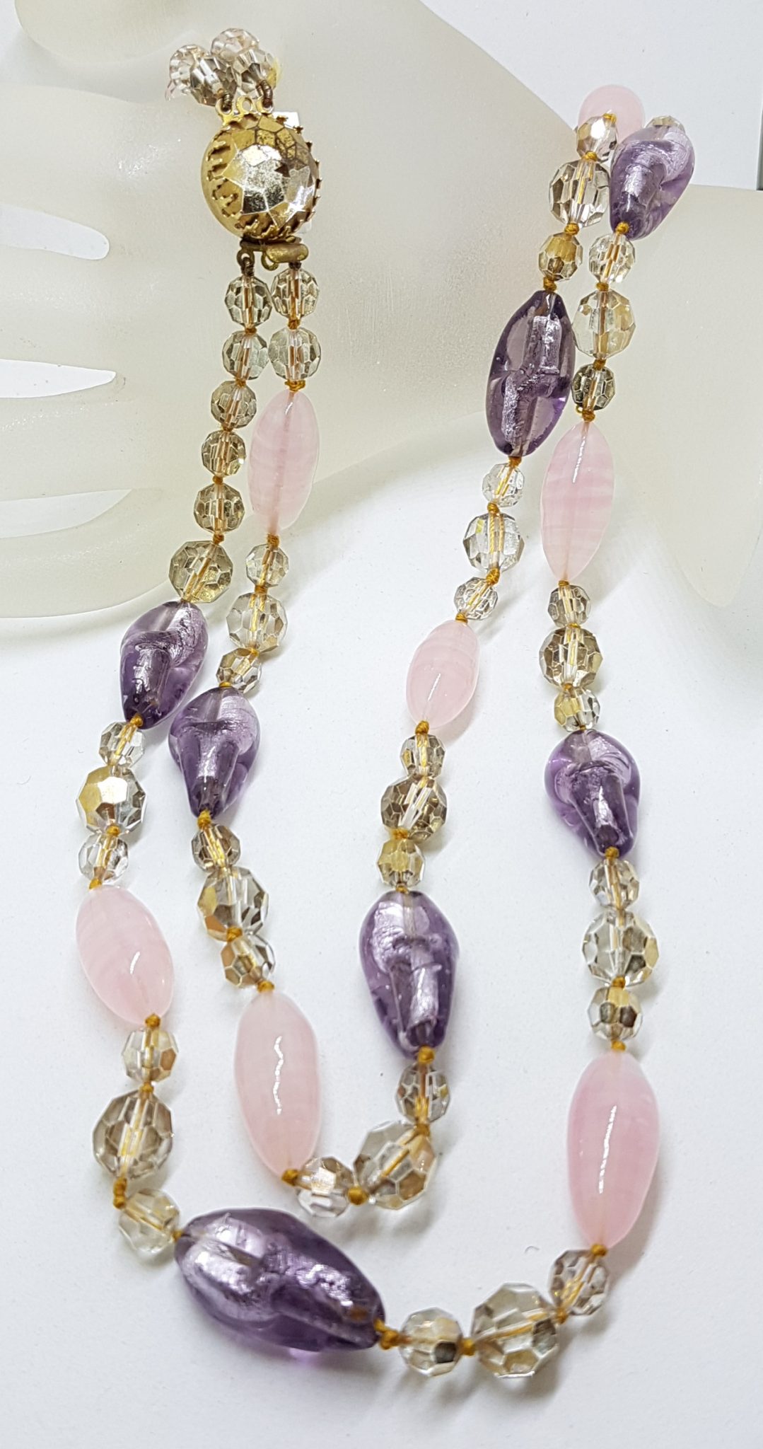 Magnificent Murano Glass Two Strand Bead Necklace with Purple, Pink and Golden Beads - Antique / Vintage