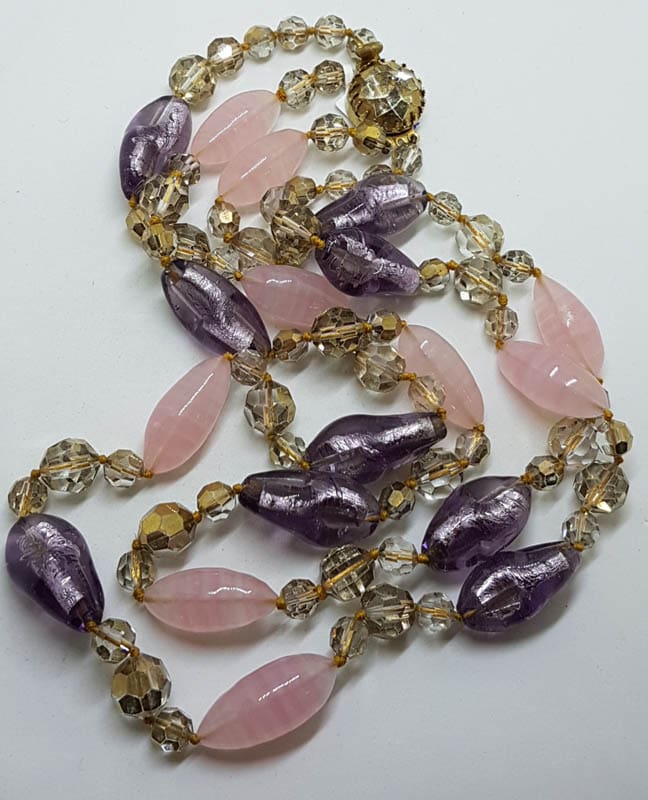 Magnificent Murano Glass Two Strand Bead Necklace with Purple, Pink and Golden Beads - Antique / Vintage