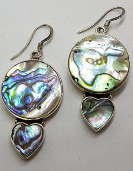 Sterling Silver Large Round and Heart Shape Paua Shell Drop Earrings