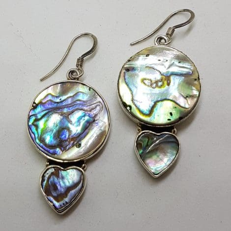 Sterling Silver Large Round and Heart Shape Paua Shell Drop Earrings
