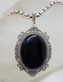 Sterling Silver Large Oval Ornate Marcasite & Onyx Pendant on Silver Chain