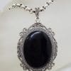 Sterling Silver Large Oval Ornate Marcasite & Onyx Pendant on Silver Chain