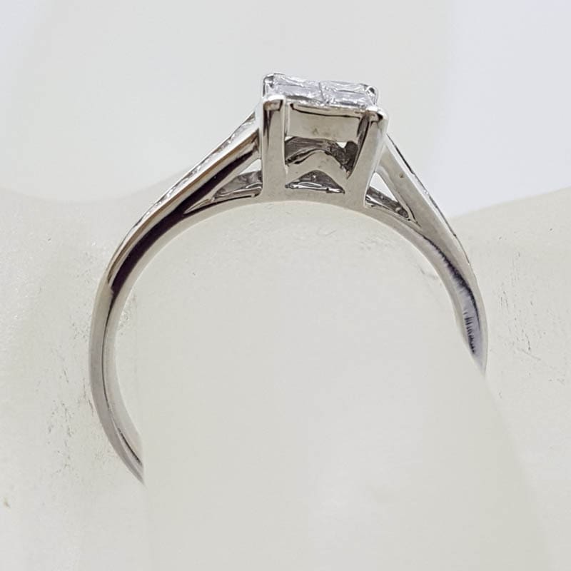 18ct White Gold Square Diamond with Channel Set Diamond Sides Engagement / Dress Ring