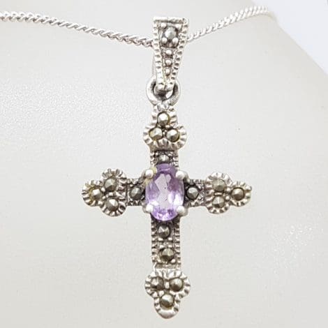 Sterling Silver Marcasite & Amethyst Cross / Crucifix Pendant on Silver Chain