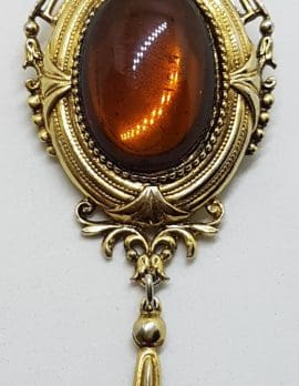 Vintage Plated Large and Ornate Brown Stone Drop Brooch
