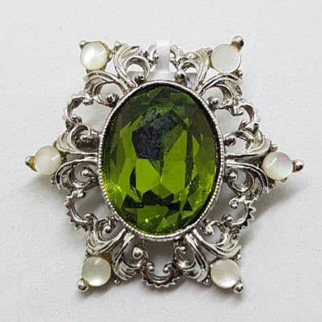 Vintage Plated Ornate Green with White Brooch