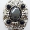 Vintage Plated Very Large Ornate Black Oval Brooch