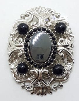 Vintage Plated Very Large Ornate Black Oval Brooch