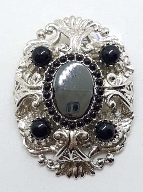 Vintage Plated Very Large Ornate Black Oval Brooch
