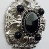 Vintage Plated Very Large Ornate Black Oval Brooch