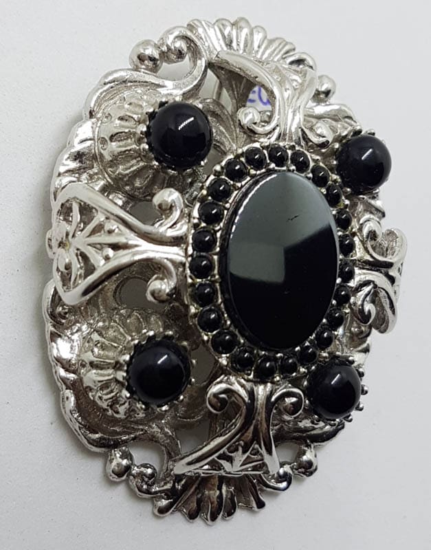 20201029_194813 Vintage Plated Very Large Ornate Black Oval Brooch