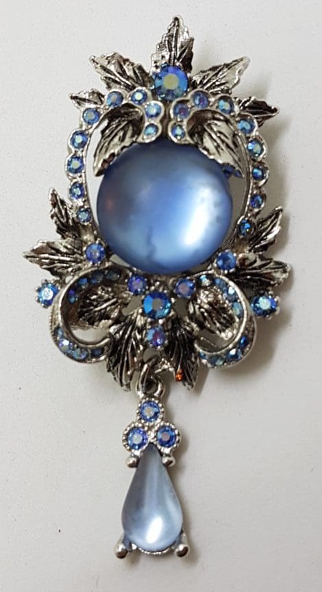 Vintage Plated Large Ornate Blue Drop Brooch