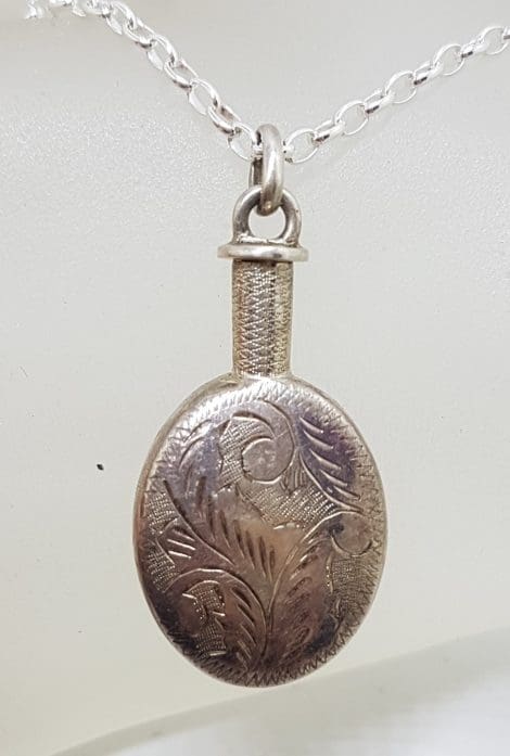 Sterling Silver Vintage Ornate Oval Perfume / Scent Bottle Pendant on Silve Chain