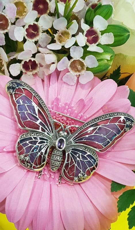 Sterling Silver Large Enamel and Marcasite with Amethyst Butterfly Brooch - Pink and Purple