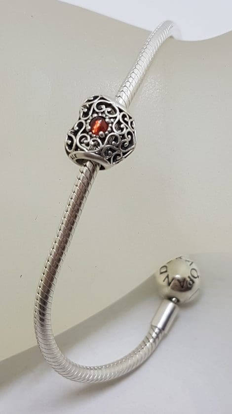 Sterling Silver Pandora Bracelet with Ornate Filigree Garnet Heart Charm