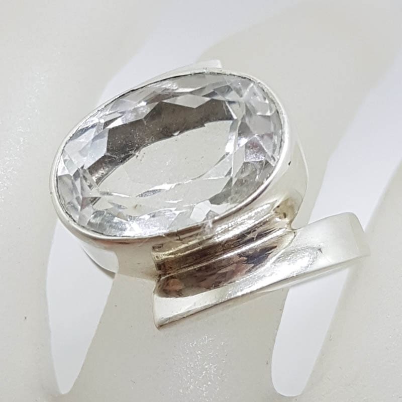 Sterling Silver Large Oval Clear Crystal Quartz Ring