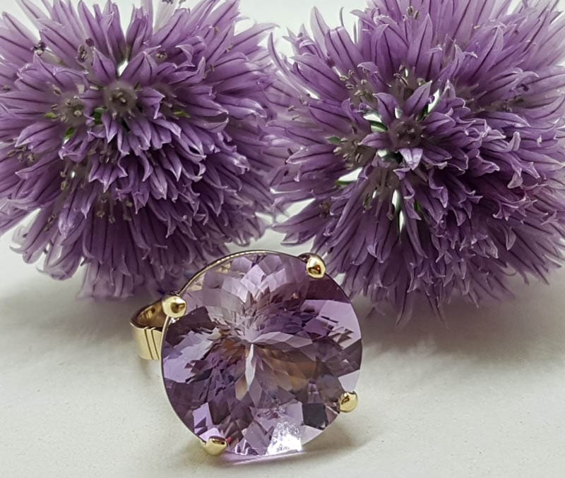 20201030_140437 9ct Yellow Gold Large Round Claw Set Amethyst Cocktail Ring