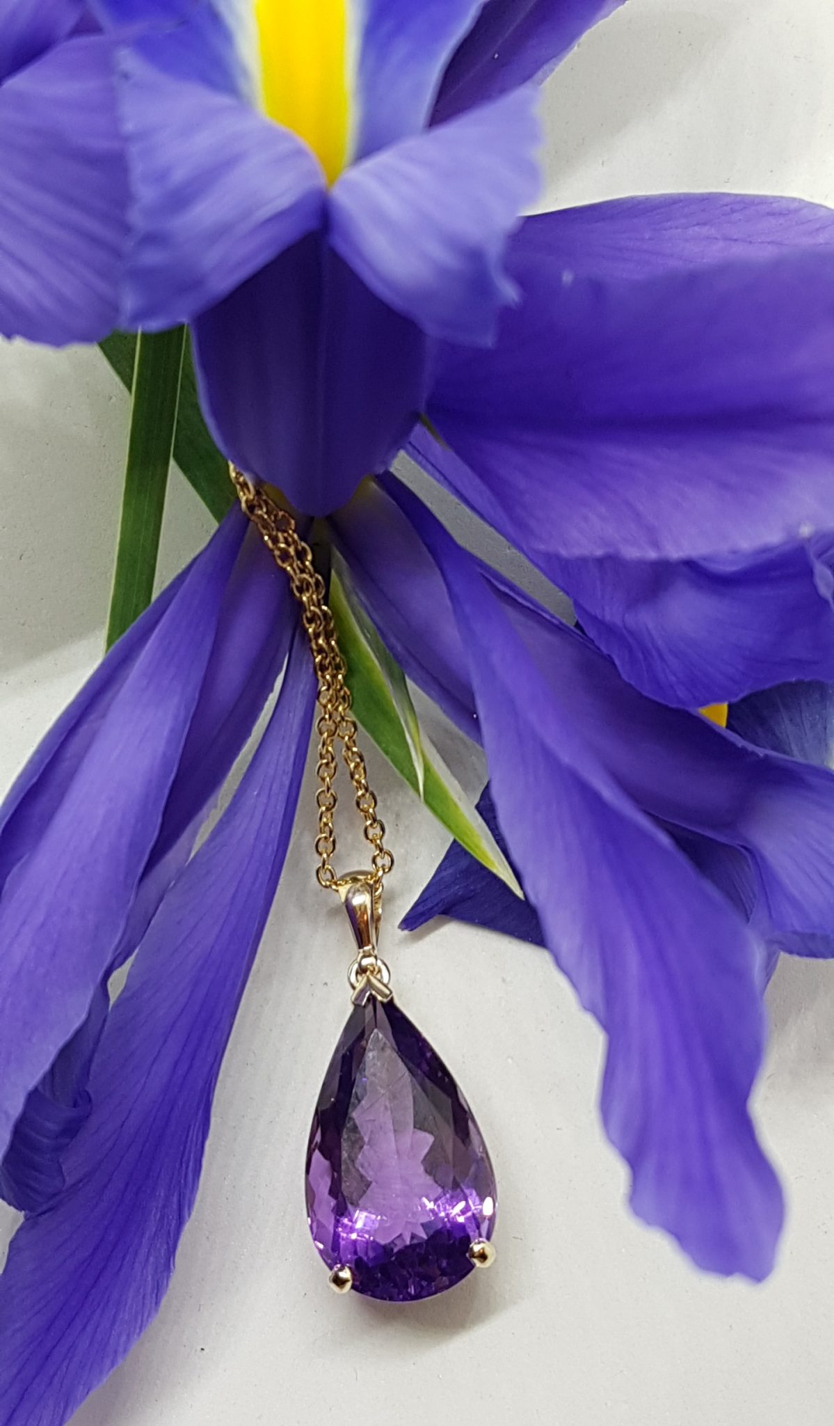 20201030_140547 9ct Yellow Gold Large Teardrop / Pear Shape Claw Set Amethyst Pendant on Gold Chain
